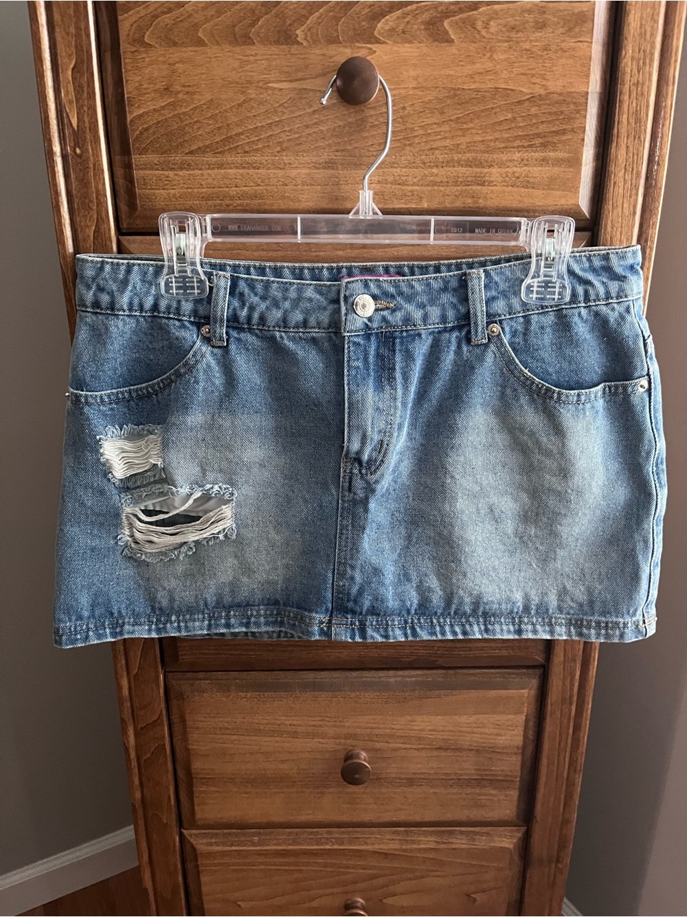 Edikted Light Blue Distressed Denim Mini Skirt